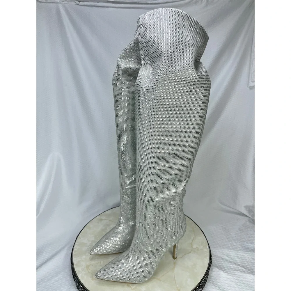 Aldo Rhinestone Over-the-Knee Stiletto Boots Womens 6 Silver Sparkly Pointed Toe